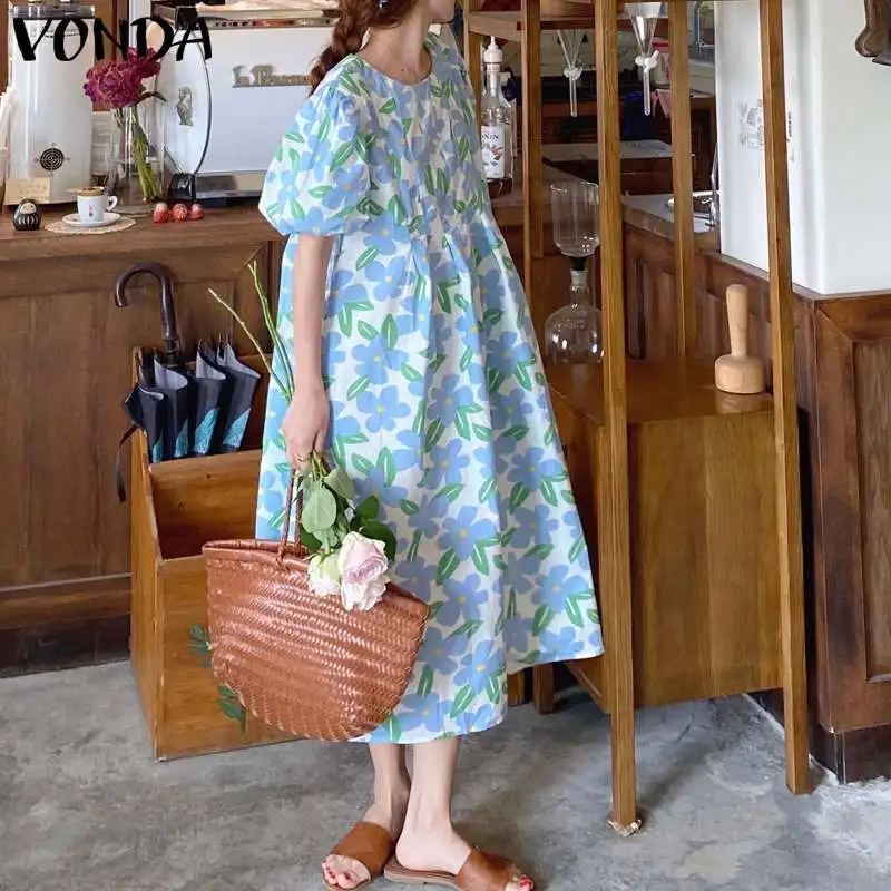 

Summer Short Sleeve Cotton Dress VONDA 2021 Women Casual Floral Print Party Dresses Plus Size Mid-Calf Robe Kleid Sundress S-5XL