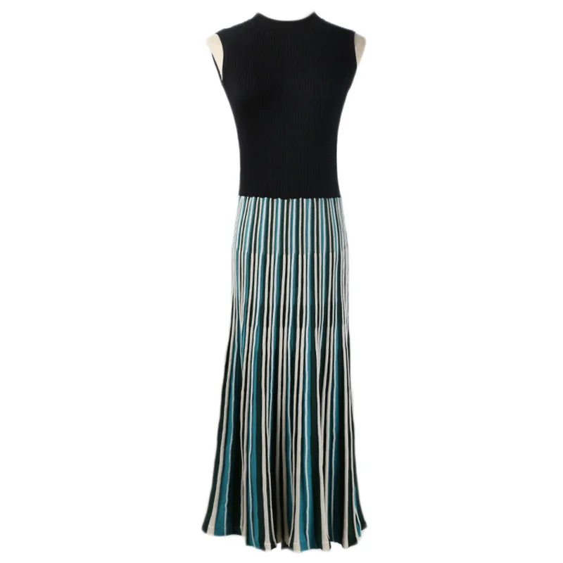 Женское трикотажное платье миди в полоску без рукавов японском стиле элегантное