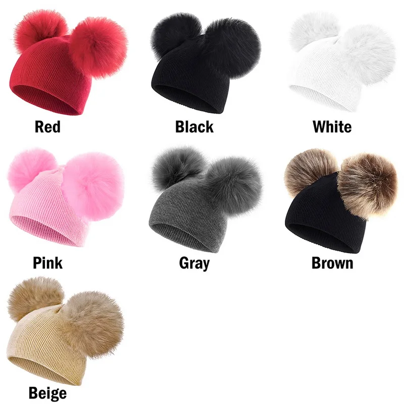 Adisputent Winter Baby Warm Hat Infant Knit Toddler Crochet double fuffy ball Beanie Ski Cap 2019 new fashion Comfortable | Аксессуары
