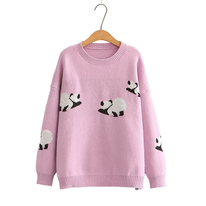 

Свитера с вышивкой панды из мультфильма, женский джемпер, вязаные пуловеры с круглым вырезом, милые свободные зимние женские Топы с длинным ...