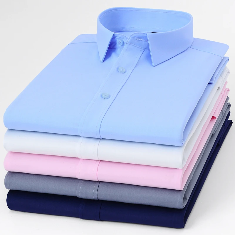 Men's Classic Long Sleeve Silky Bamboo-fiber Shirt Wrinkle Stretch Pocket-less Design Soft Slim Fit Business ofice Easy-Care Top