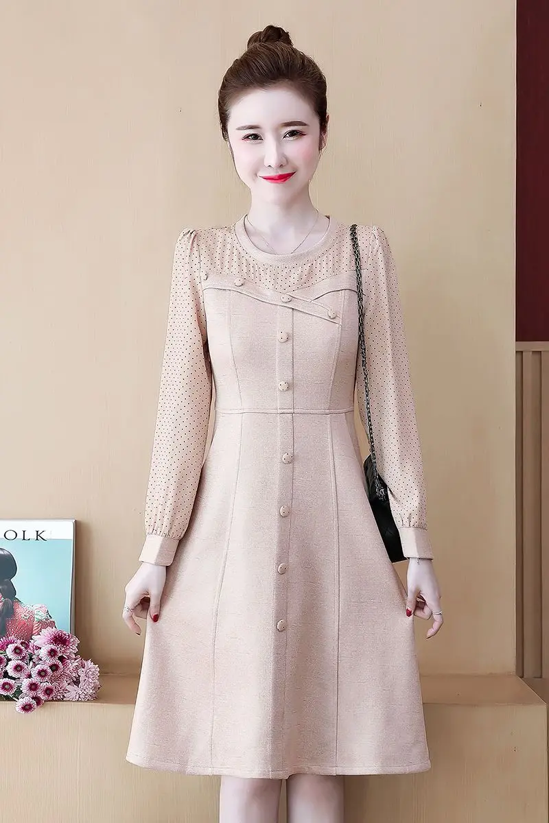 

COIGARSAM Women One Piece Korea Dress Spring 2021 Office Lady Full Sleeve Patchwork Polka Dot O-Neck Zipper Dresses Traf Robe
