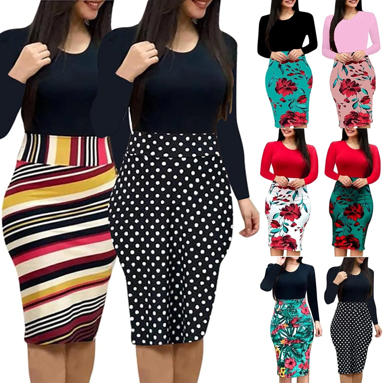 

Ladies Bag Hip Dress Plus Size Dress Autumn Casual Color Matching Flowers Sexy Long-sleeved Floral Print Mini Dress Hip Vestir