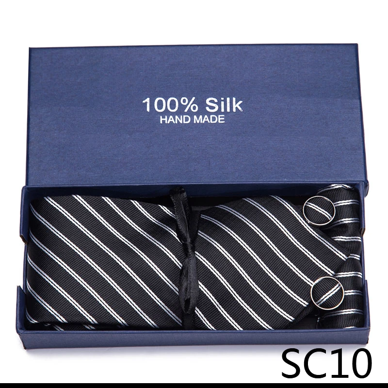 

High Grade Holiday Present Brand Silk Tie Pocket Squares Cufflink Set Necktie Box Wedding Accessories Dark Blue Man Striped