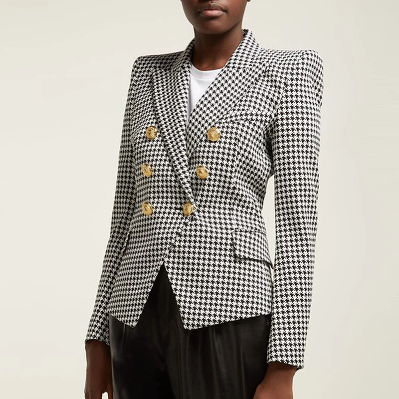 

HIGH STREET Stylish 2021 Runway Blazer Women's Double Breasted Lion Buttons Houndstooth Career Blazer Jacket