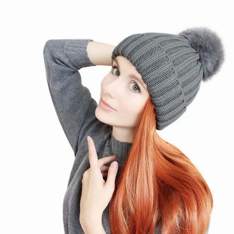 Новинка шапка ZJBECHAHMU с помпоном из меха норки и лисы женская помпонами вязаные