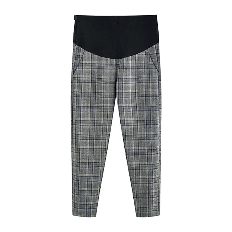 Black gray plaid Брюшные регулируемые брюки для беременных; повседневные брюки для беременных женщин; спортивная одежда; эластичные свободные сетчатые брюки - Цвет: Black gray plaid