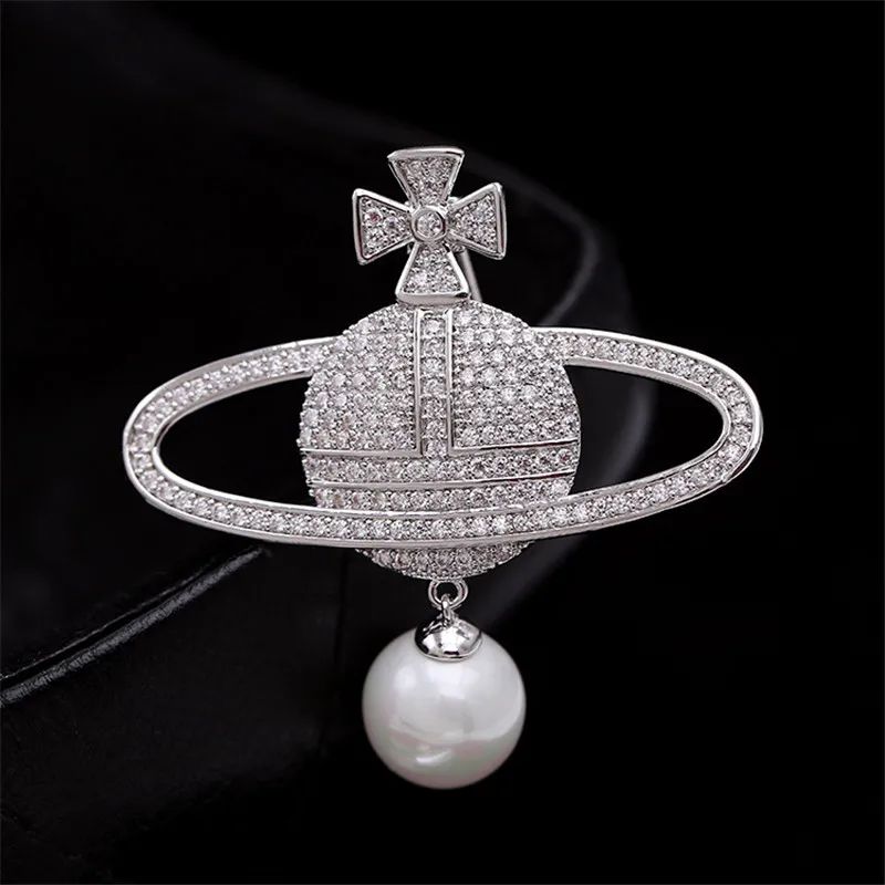 

New Zircon Pearl Globe Brooches Pins For Women Brand Design Cubic Zircon Planet Pin Men Suit Bouttoniere Accessories