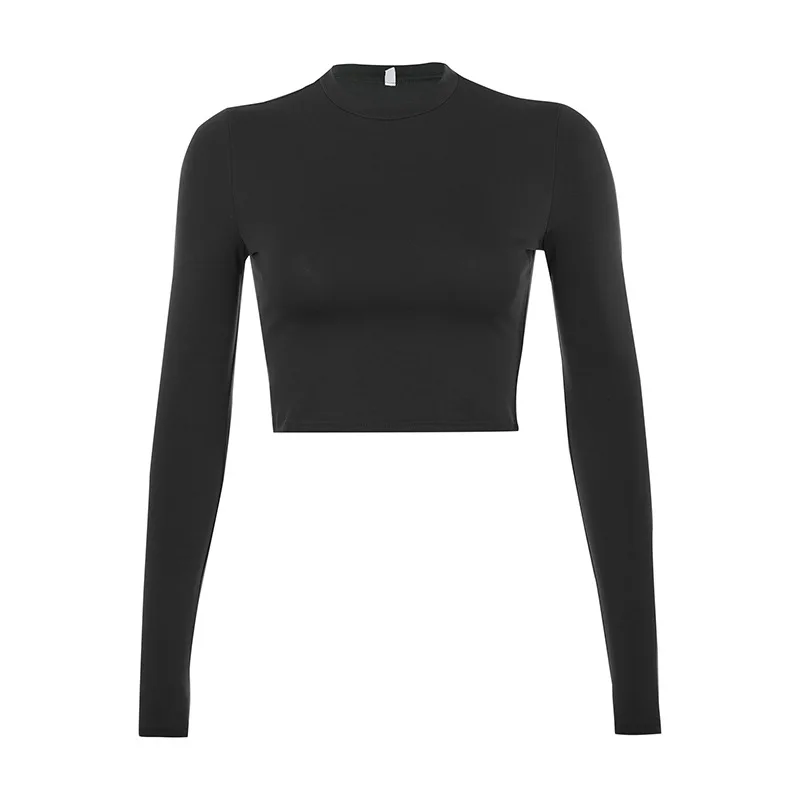 

Solid Basic Long Sleeve Womens Tshirt Casual Black White Fashion Crop sexy Top T Shirt Ladies Fashion Korean Tee Shirt