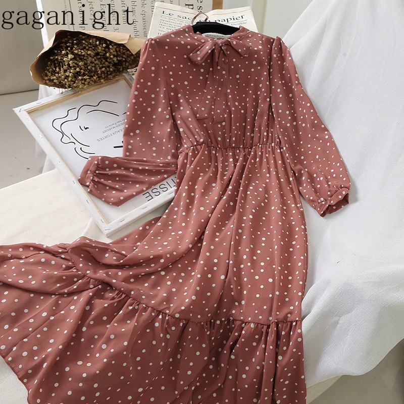 Gaganight шифоновое женское длинное платье в горошек с длинным рукавом и v-образным