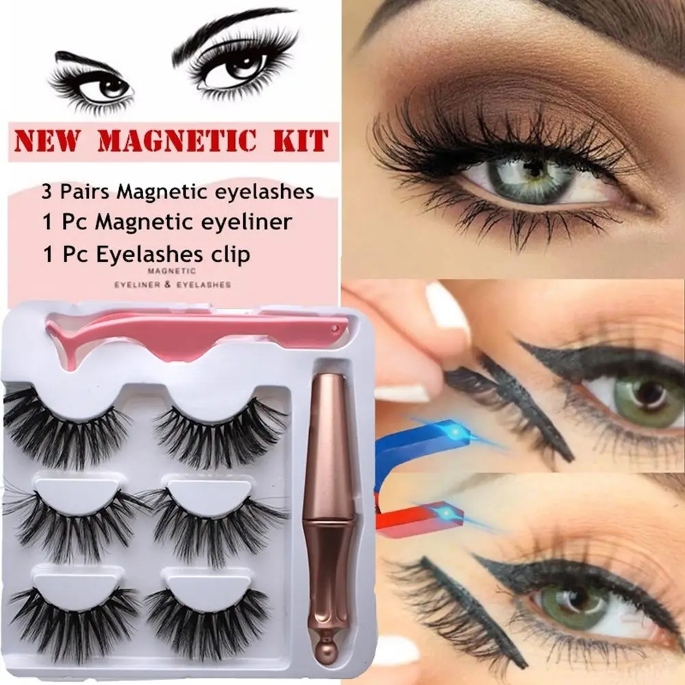 

SKONHED 3 Pairs Magnetic Eyelashes With 1 Pc Magnetic Eyeliner and Eyelashes Tweezer Waterproof Long Lasting Eyelash Extension