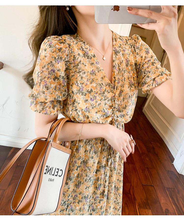 

Summer New Korean Long Chiffon Thin Drawstring Plus Size Women's Dress Fashion Short Sleeve V-neck Printed Casual Dresses