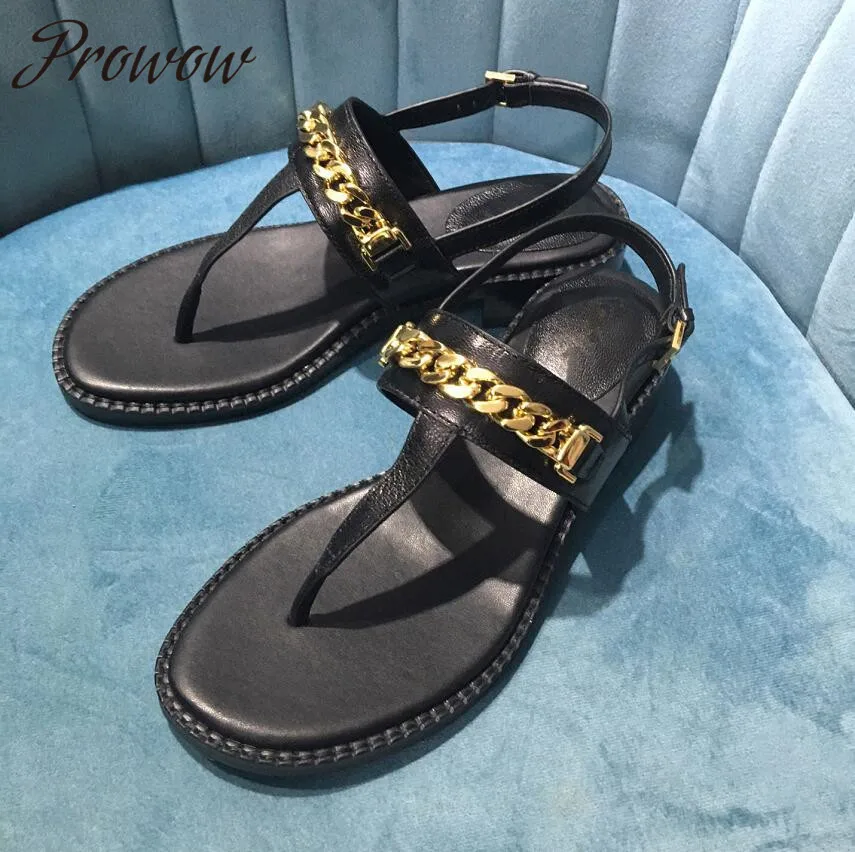 

New Genuine Leather Metal Chain Luxury Branded Sandals Flats Sandals Shoes Women Zapatos Mujer