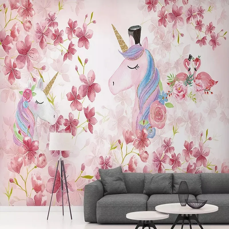 Большие настенные 3D обои на заказ Мультяшные животные Розовый Единорог детская