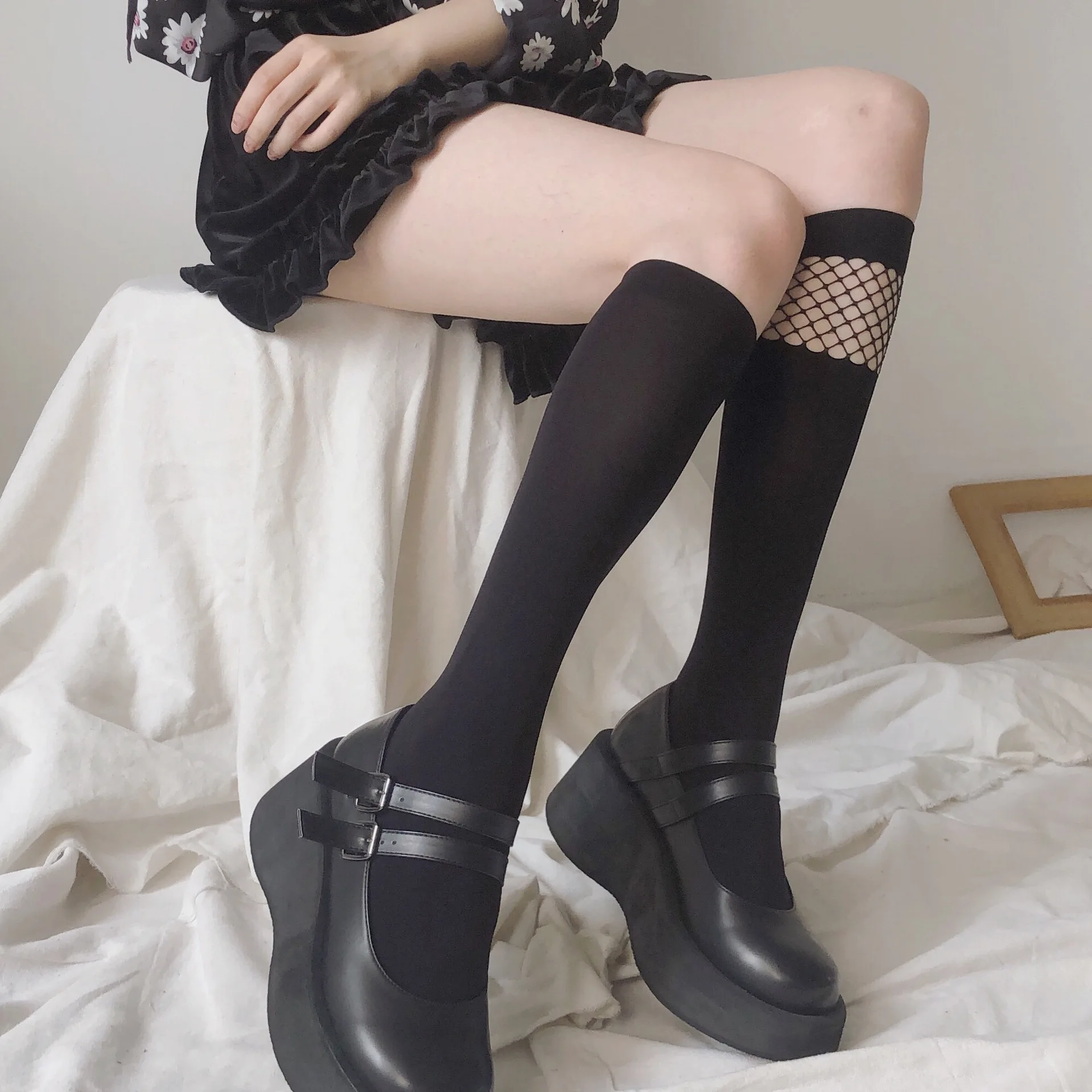 Mesh Velvet Leg Socks JK Cosplay Costumes Accessories Uniform Dark Girl Fashion Fishnet Stockings Lolita
