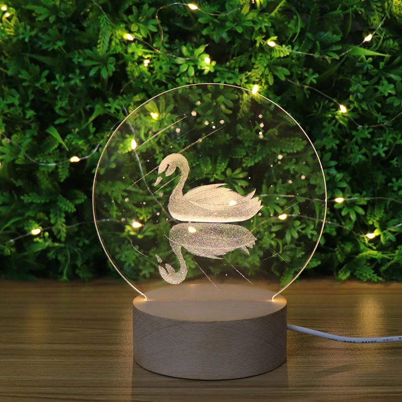 

3D Acrylic Inside Carving Swans Night Light Creative LED Decorative Wooden Lamp for Bedroom Living Room Decor Gift for Children