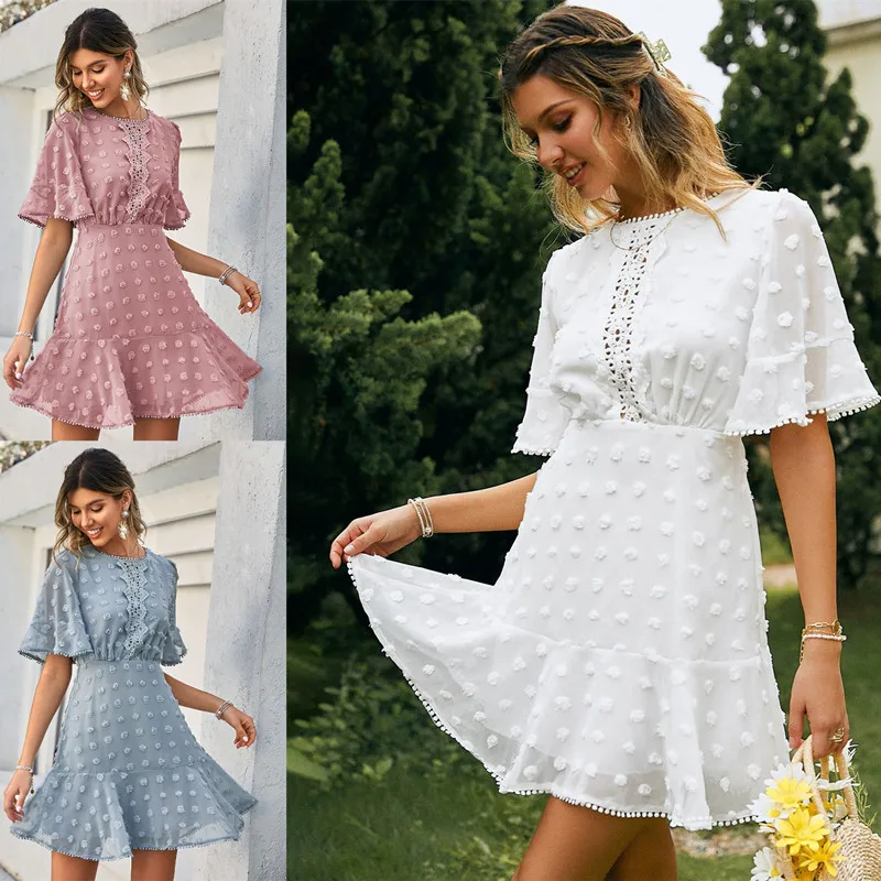 

Праздничное Белое Мини-Платье с круглым вырезом, расклешенными рукавами и бахромой, летние женские ажурные платья с вышивкой и оборками, по...