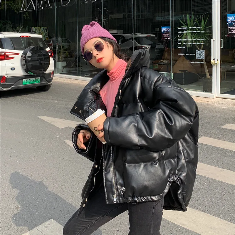

Winter Pu Leather Down Parka Woman Fashion Oversize Thick Warm Faux Leather Coat Harajuku Plus Size Puffer Jacket Women
