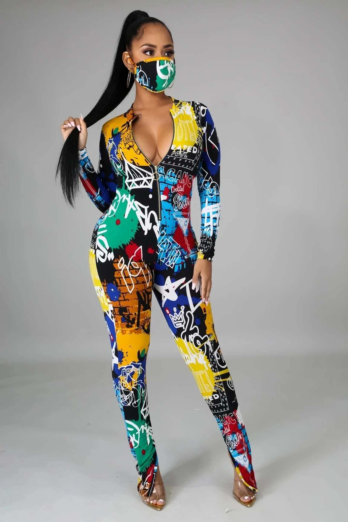 

Элегантная летняя одежда с принтом граффити на молнии Прямые Сексуальные облегающие повседневные модные комбинезоны женский комбинезон о...