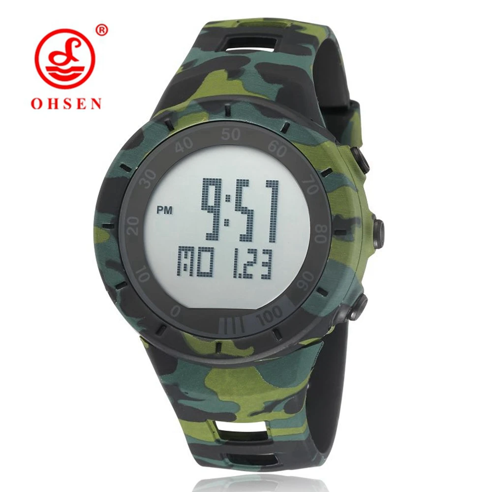 Camouflage Black OHSEN, цифровой светодиодный, для спорта на открытом воздухе, часы для мужчин и женщин, секундомер, дайвинг, желтый, модный силиконовый браслет, унисекс, часы, reloj hombre - Цвет: Camouflage Black
