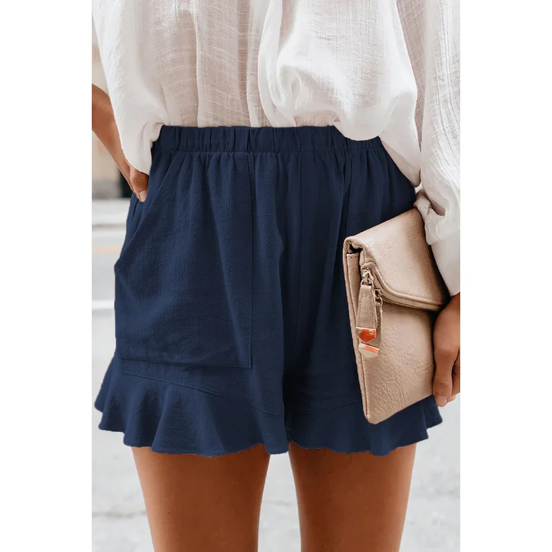 

Women Shorts 2021 Summer High Waist Elastic Pockets Ruffles Straight Casual Mini Short Pant Cotton Fashion Biker Bottoms S-5XL