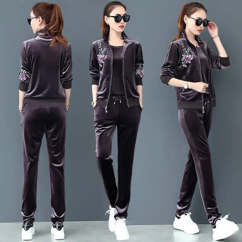 Women Velvet Tracksuits 2021 Print Hooded Jacket+Trousers Three Sets Gold Sportswear Suit Plus Size 4XL Female Pants Set |