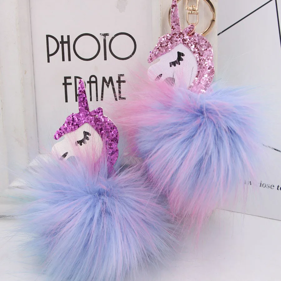

Hair Ball Rainbow Unicorn Hair Ball Keychain Girl Cute Faux Fox Fur High-End Quality Bag Plush Pendant Gift