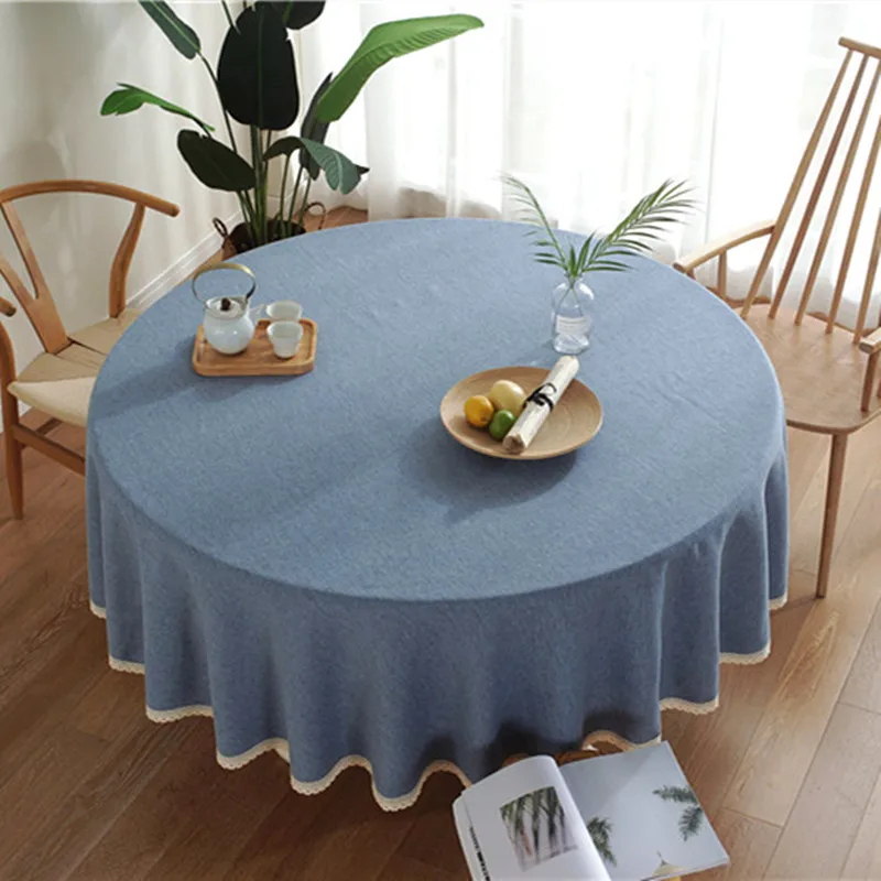 

Solid Decorative Linen Tablecloth With Lace Waterproof Oilproof Round Banquet Wedding Dining Table Cover Tea Table Cloth