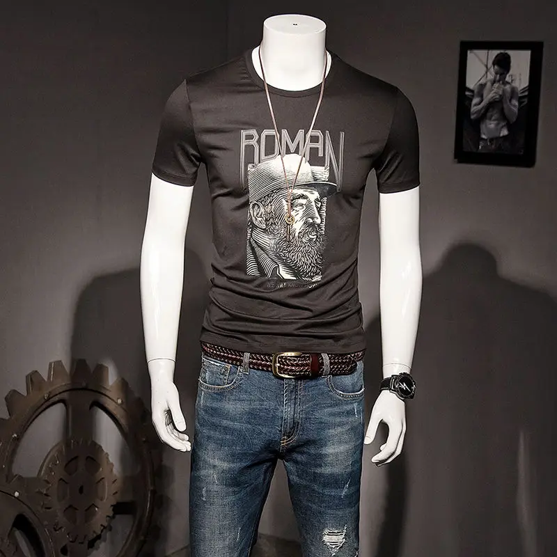 

Europe station new summer men's mercerized cotton short sleeve t-shirt men's slim round neck printed half sleeve bottom coat