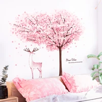 cherry flowers tree wall stickers cartoon deer mura pink decals for house living room kids girl bedroom decoration