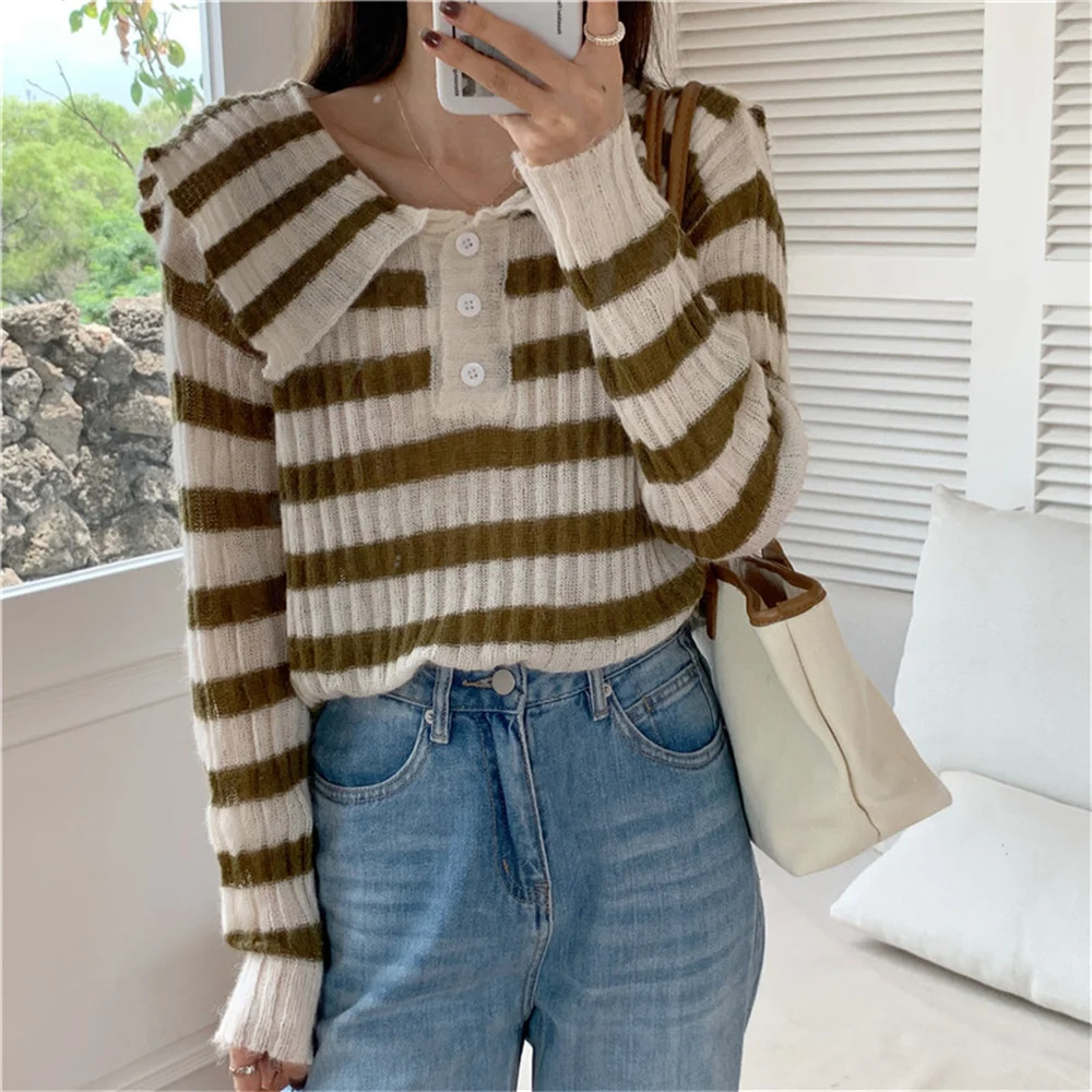 

Женский трикотажный топ в полоску, свободные пуловеры с матросским воротником, модная Корейская верхняя одежда в офисном стиле на осень, 2021