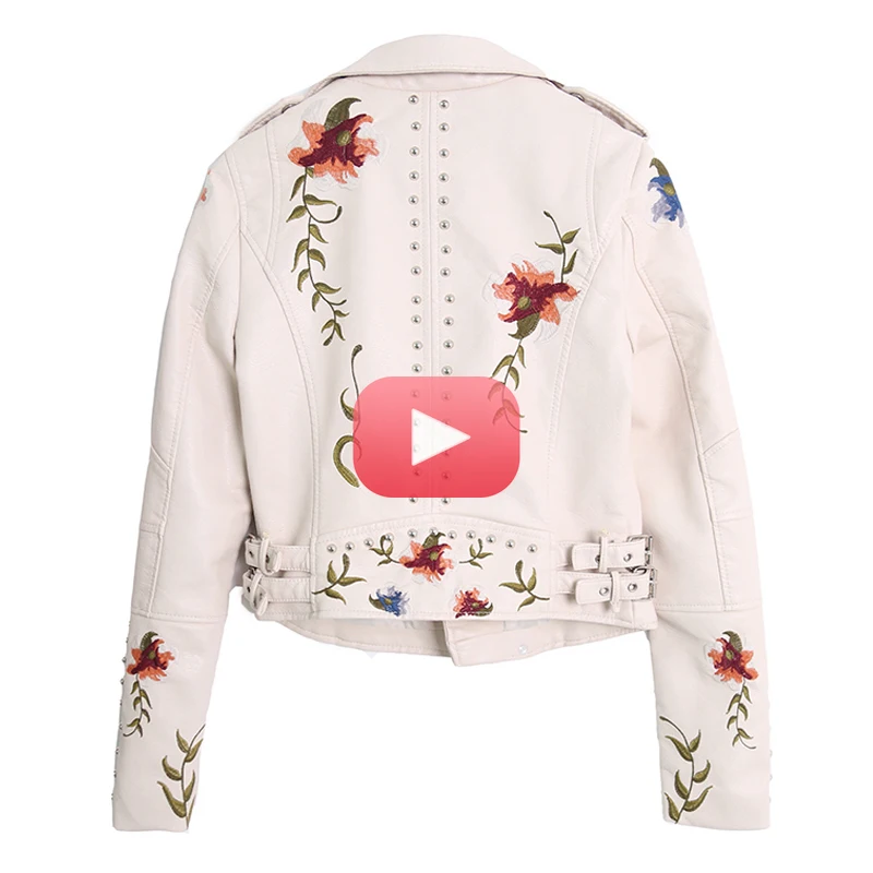 Women Floral Print Embroidery Faux Soft Leather Jacket Coat  Turn-down Collar Casual Pu Motorcycle Black Punk Outerwear