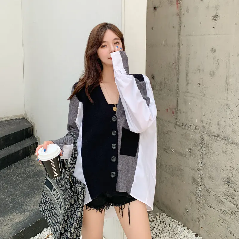 

HziriP Stylish Chic Female Patchwork High Street V-Neck Leisure Brief Sexy Office Lady Loose Slim Simple Casual Knitted Coat