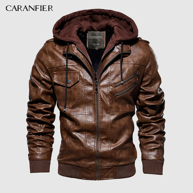 Мужская кожаная куртка с капюшоном из ПУ кожи|Куртки искуственной кожи| |