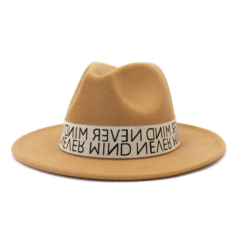 

Women Winter Hat Fedoras Solid Camel Khaki Black Letter Band Dress Men Hats Church Wedding Decorate Women Hat Sombreros De Mujer