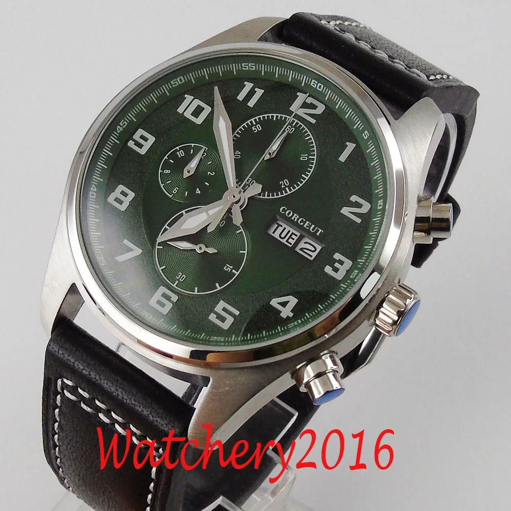 Corgeut new 42mm Business chronograph watch Stainless case Luminous hands date week leather strap men's quartz watch