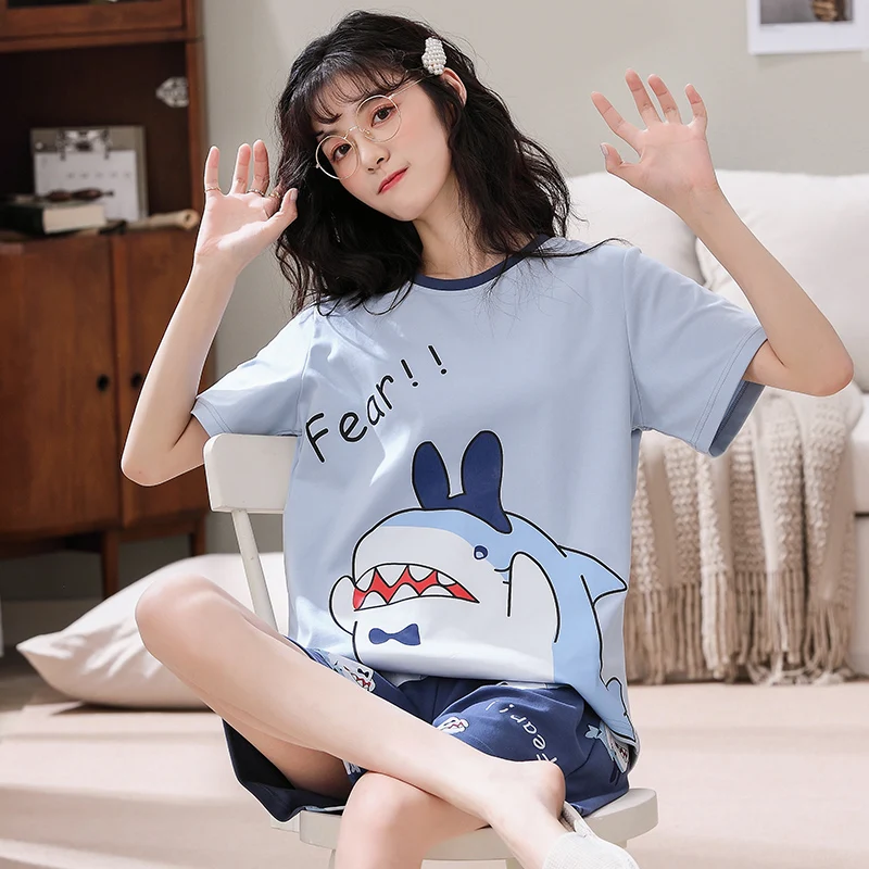 

Round Neck Casual Sleepwear Cute Cartoon Lady's Gentleman Small Shark Print Short-sleeved Summer Cotton Soft Plus Size Home Wear
