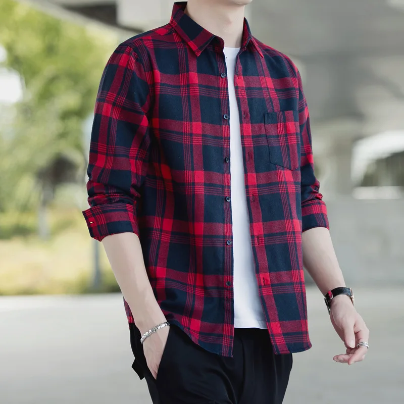 

2021 spring and autumn new ins shirt long sleeve men's Korean cotton hemp handsome versatile men's casual Plaid Shirt