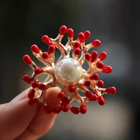 red simple pin pearl brooches retro badge coral shape corsage brooch woman party gift