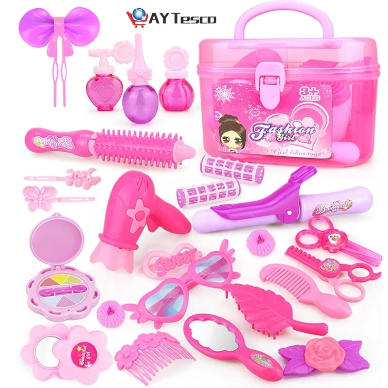 

24-32PCS Pretend Play Kid Make Up Toys Pink Makeup Set Princess Hairdressing Simulation Plastic Toy For Girls Dressing Cosmetic