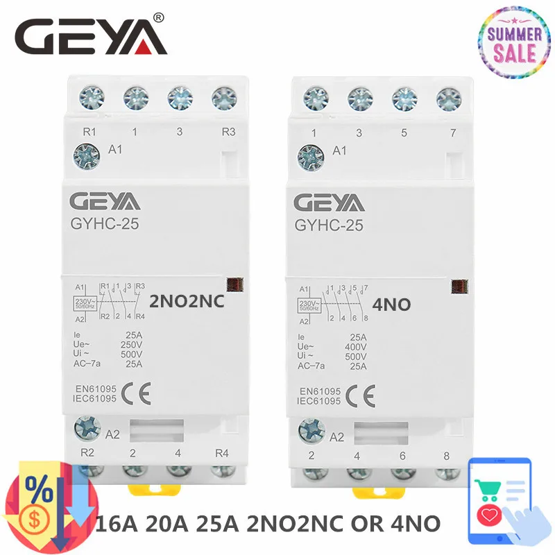 Модульный контактор переменного тока GEYA GYHC 4P 16A 20A 25A 220 В/230 В 50/60 Гц, Din-рейка, бытовой, 4NO или 2NO2NC - изображение