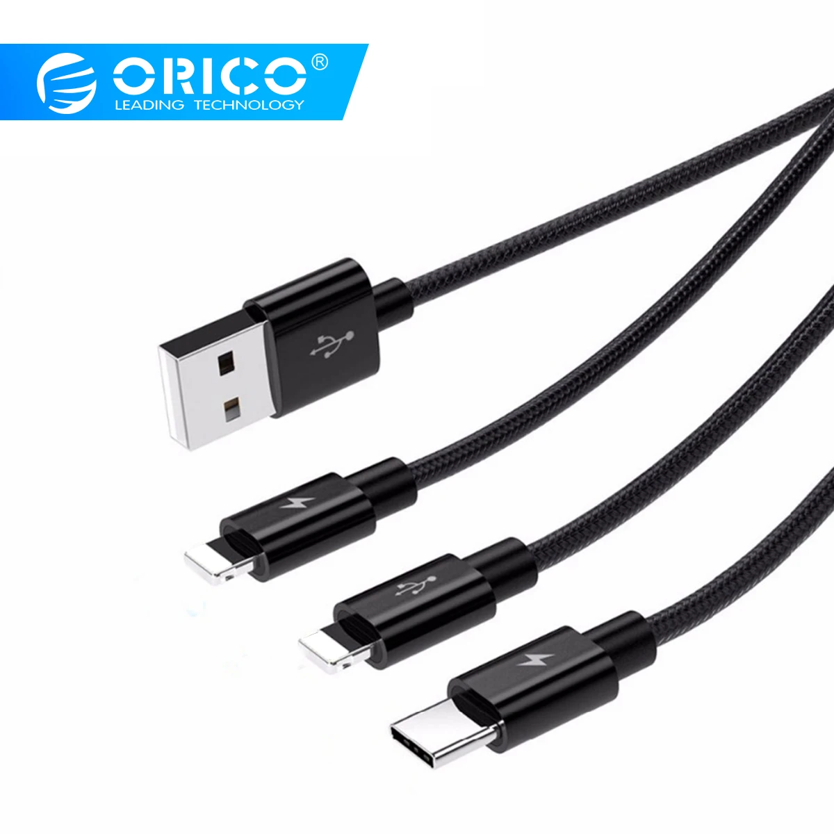 Orico нейлоновый кабель 3 в 1 type C для быстрой зарядки и синхронизации данных, usb-кабель для samsung Xiaomi Redmi5 iPhone 8X7 6 Plus iOS USB-C