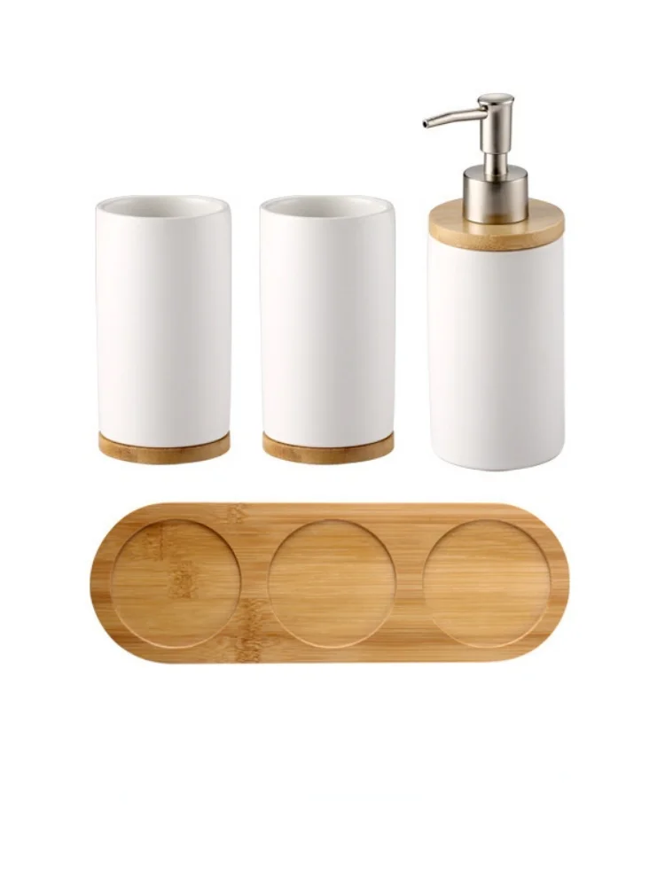 

Bathroom Tumblers Ceramic Bamboo Gargle Cup Wash Mug Emulsion Container Soap Dispenser Toothbrush Cup Bathroom Accessories Set