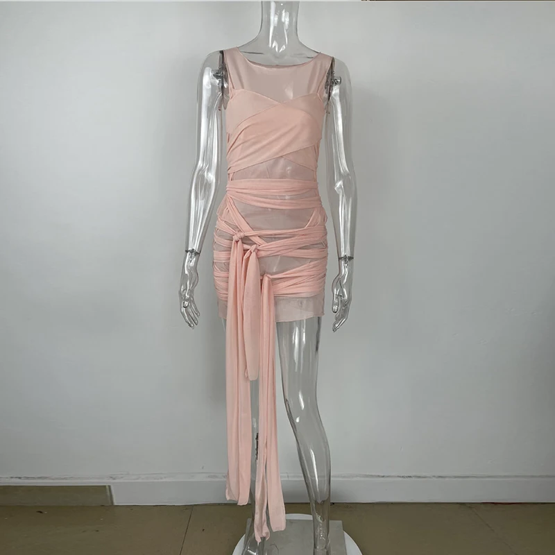 

Women Bandage Wrap Mesh Dress Bodycon Clubwear Outfits Sexy Sleeveless O Neck See Through Ladies Night Club Dresses Vestidos