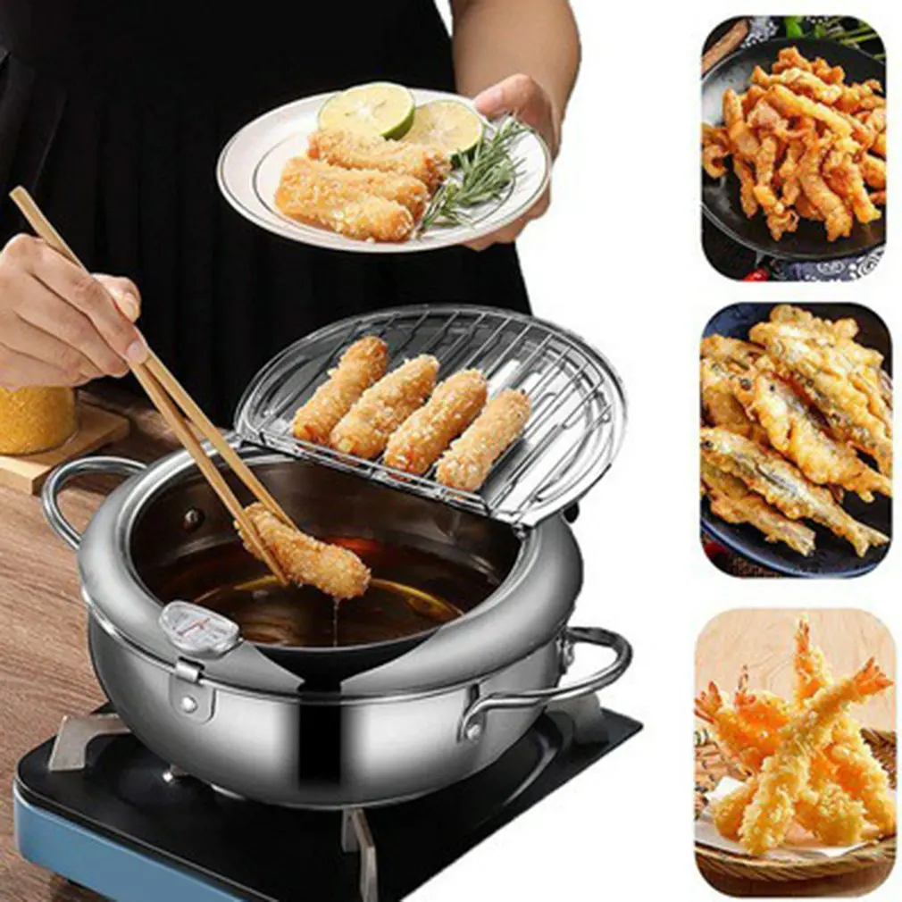 japanese deep frying pot with a thermometer and a lid 304 stainless steel kitchen tempura fryer pan 20 24cm cooking tools free global shipping