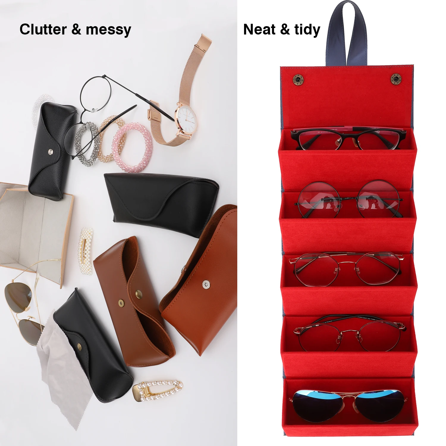 Portable Glasses Organizer 5 Multi-slot Eyeglasses Storage Display Travel Folding Sunglasses PU Leather Case