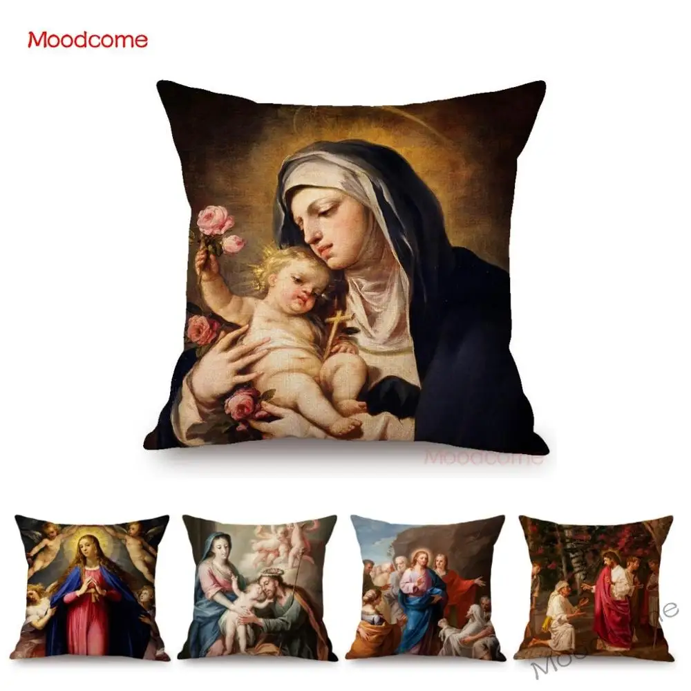 

The Bible Story Oil Painting Jesus Christ Virgin Mary Angels Christian Home Decor Sofa Throw Pillow Case Linen Cushion Cover