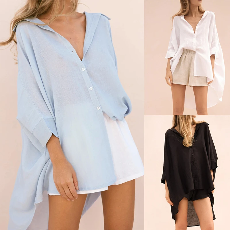 

2020New Women Fashion Lapel Middle Long Sleeve Casual Shirt Blouse Summer Autumn Solid Color Shirt Cardigan Top Blouse For Women