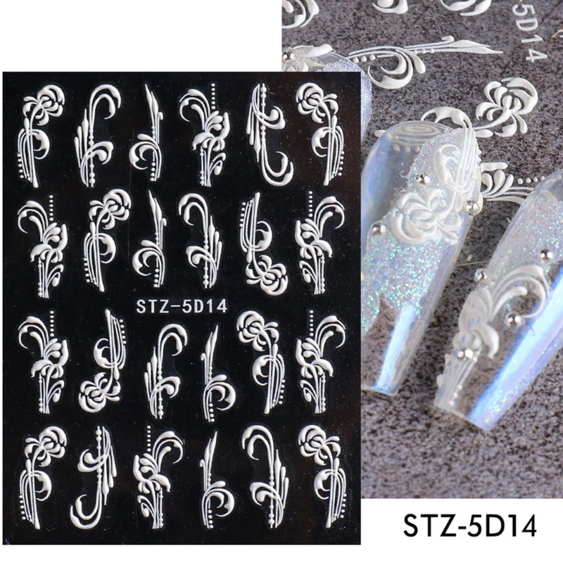 

Q1QD Christmas Nail Stickers White Self Adhesive 5D Stereoscopic Embossed Nail Stickers Engraved Lace Flowers Butterfly Nail