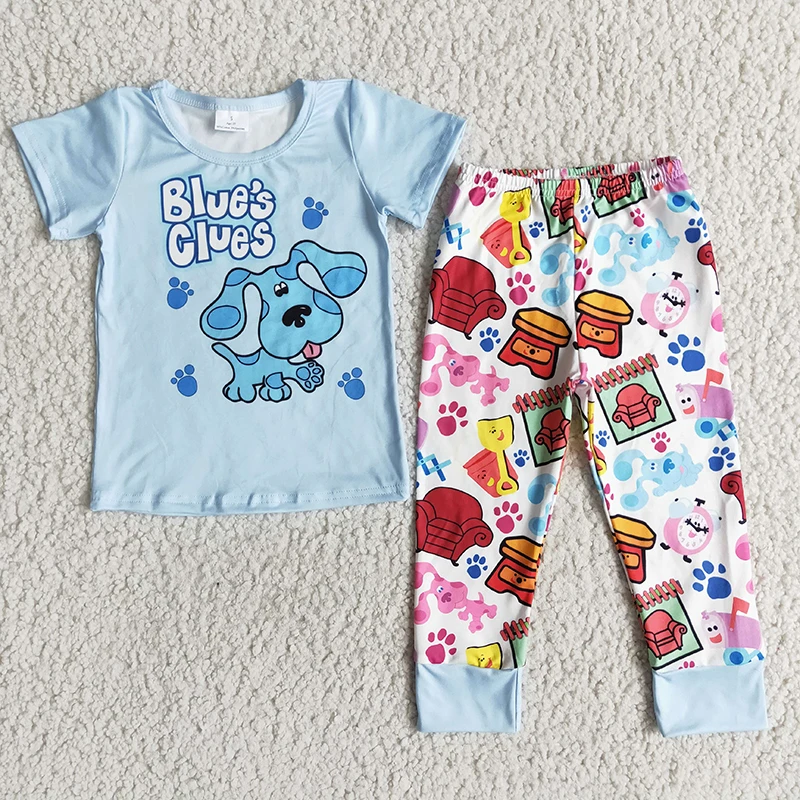 

Wholesale Baby Boy Boutique New Clothes Toddler Short Sleeves Blue Shirt Dog Pants Children Sets Kids Fashion Fall Spring Outfit